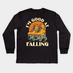 I'm Good At Falling Funny Roller Derby Graphic Roller Skater Roller Skate Lover Vintage Gift Kids Long Sleeve T-Shirt